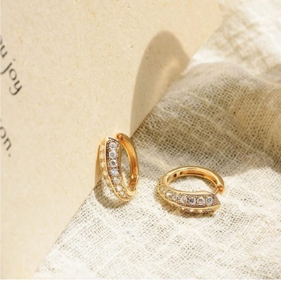 GOLD 14k Gold Plated Cubic Zirconia Hoop Earrings - Picture 1 of 2